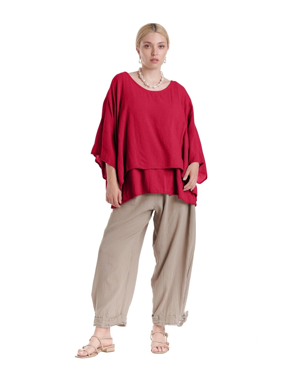 Oh My Gauze Red 100% Cotton Twins Blouse Oversized Lagenlook Size Large